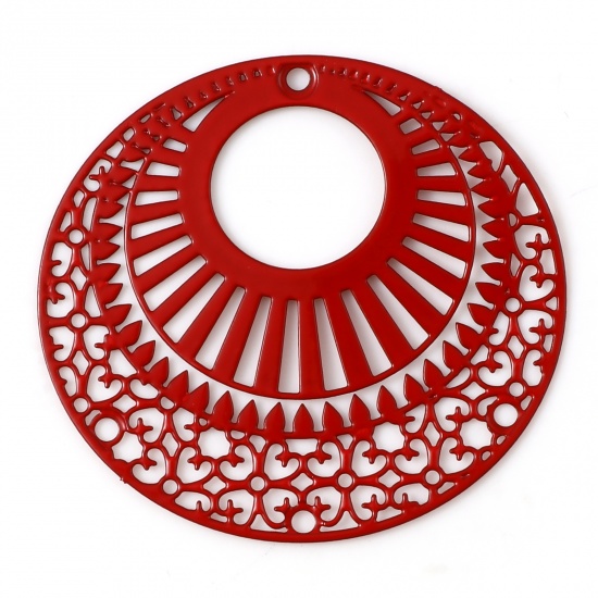Bild von Eisenlegierung Filigran Stempel Verzierung Anhänger Oval Rot Filigran Spritzlackierung 3.9cm x 3.6cm, 10 Stück