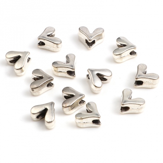 Picture of Zinc Based Alloy Valentine's Day Spacer Beads Heart Antique Silver Color About 8mm x 7mm, Hole: Approx 1.4mm, 200 PCs