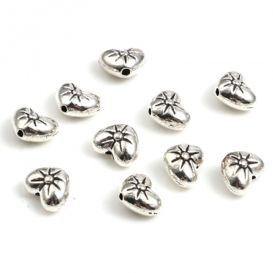 Picture of Zinc Based Alloy Valentine's Day Spacer Beads Heart Antique Silver Color Sun About 8mm x 7mm, Hole: Approx 0.8mm, 100 PCs