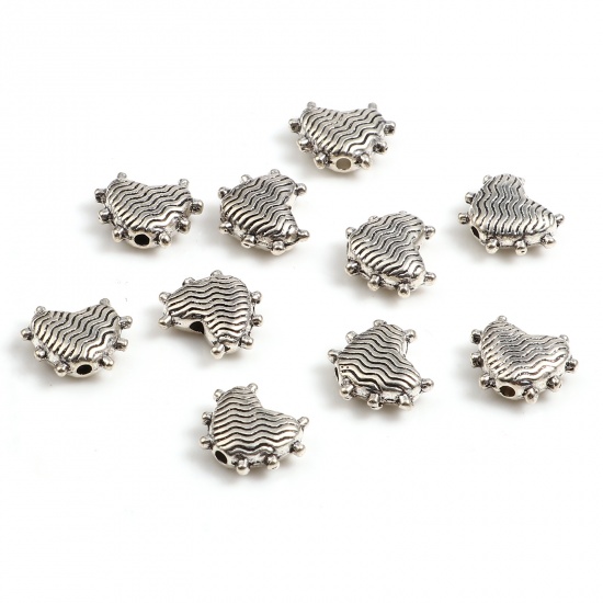 Picture of Zinc Based Alloy Valentine's Day Spacer Beads Heart Antique Silver Color Stripe About 10mm x 8mm, Hole: Approx 1.2mm, 100 PCs