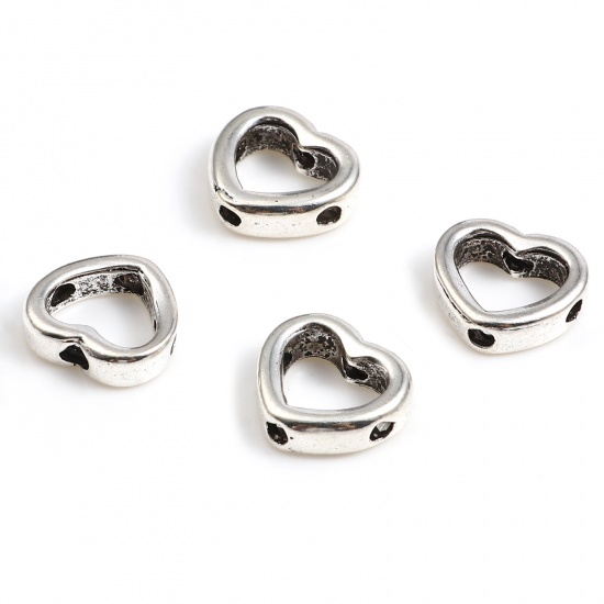 Picture of Zinc Based Alloy Valentine's Day Spacer Beads 4 Holes Heart Antique Silver Color About 11mm x 10mm, Hole: Approx 1.4mm, 50 PCs