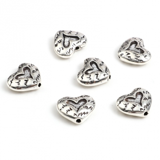 Picture of Zinc Based Alloy Valentine's Day Spacer Beads Heart Antique Silver Color About 14mm x 11mm, Hole: Approx 1mm, 20 PCs