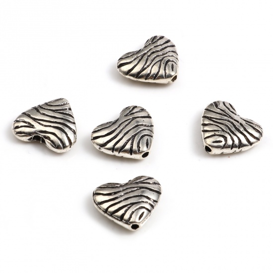 Picture of Zinc Based Alloy Valentine's Day Spacer Beads Heart Antique Silver Color Stripe About 15mm x 13mm, Hole: Approx 1.3mm, 20 PCs