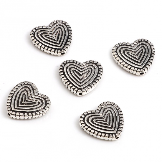 Picture of Zinc Based Alloy Valentine's Day Spacer Beads Heart Antique Silver Color Streak About 14mm x 13mm, Hole: Approx 0.7mm, 20 PCs