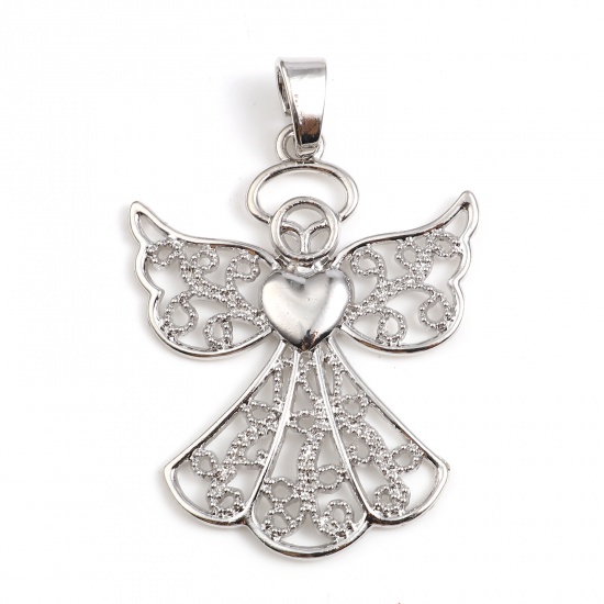 Picture of Zinc Based Alloy Religious Pendants Angel Silver Tone Heart 80mm x 54mm, 2 PCs