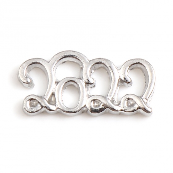 Picture of Zinc Based Alloy Year Charms Number Silver Tone Message " 2022 " 15mm x 7mm, 20 PCs