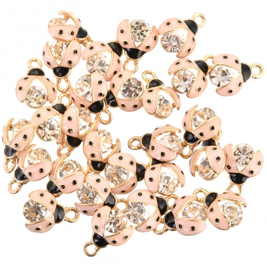 Picture of Zinc Based Alloy Insect Charms Ladybug Animal Gold Plated Pink Clear Rhinestone 15mm x 11mm, 10 PCs