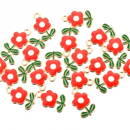 Picture of Zinc Based Alloy Charms Flower Leaves Gold Plated Red & Green Enamel 19.5mm x 12mm, 10 PCs