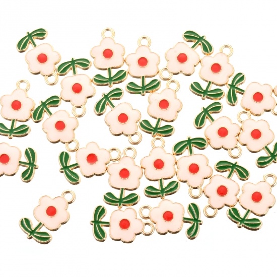 Picture of Zinc Based Alloy Charms Flower Leaves Gold Plated Pink & Green Enamel 19.5mm x 12mm, 10 PCs