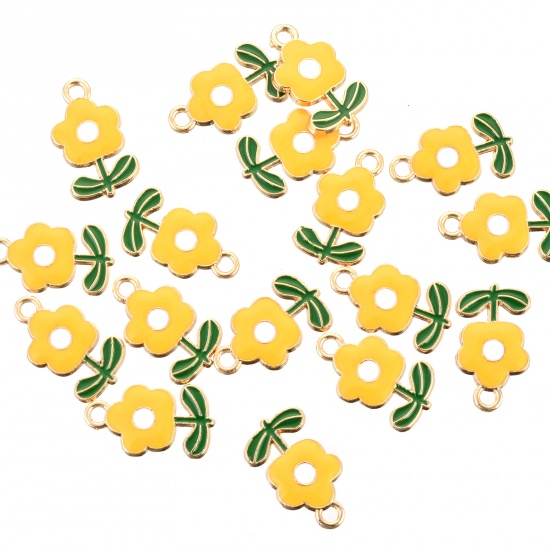 Picture of Zinc Based Alloy Charms Flower Leaves Gold Plated Green & Yellow Enamel 19.5mm x 12mm, 10 PCs