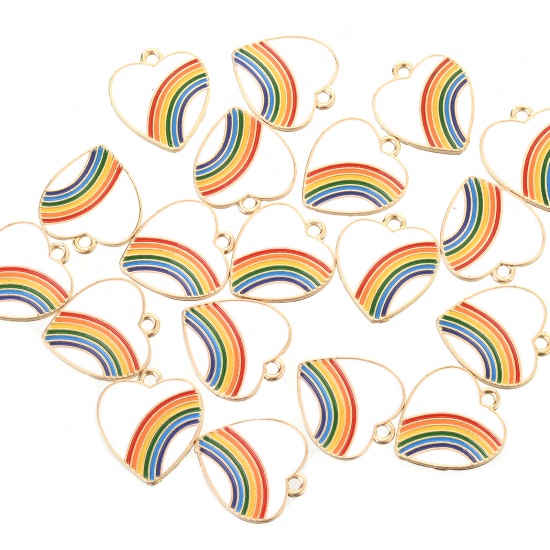 Picture of Zinc Based Alloy Charms Heart Gold Plated White Rainbow Enamel 20mm x 18mm, 10 PCs