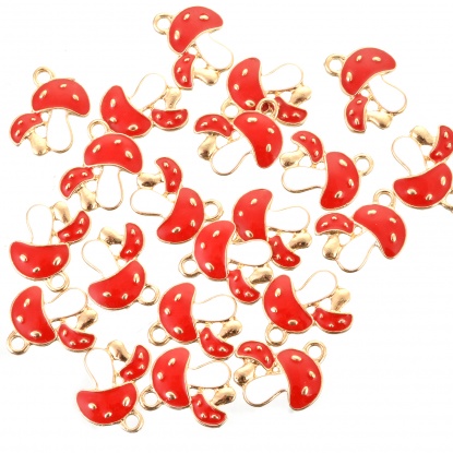 Bild von Zinklegierung Charms Pilz Vergoldet Rot Emaille 19.6mm x 16mm, 10 Stück