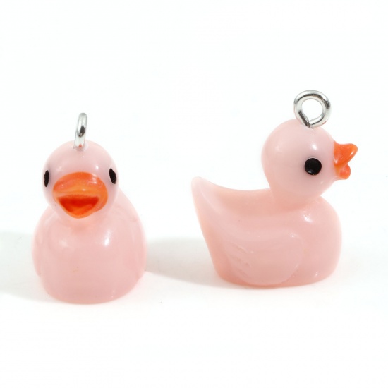 Picture of Resin Charms Duck Animal Silver Tone Orange Pink 20mm x 18mm - 19mm x 17mm, 10 PCs