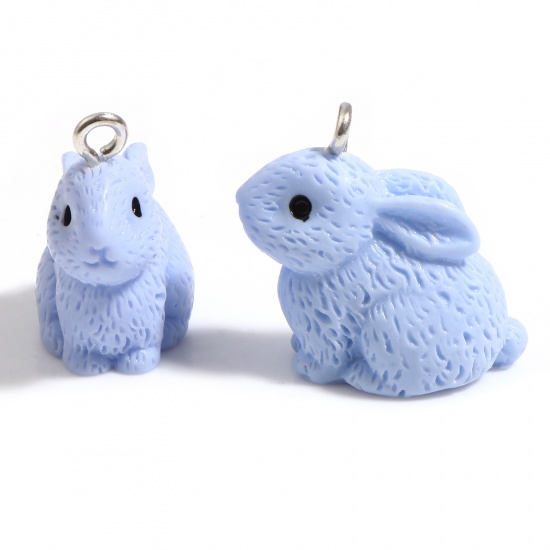 Picture of Resin Charms Rabbit Animal Silver Tone Light Blue 22mm x 21mm, 10 PCs