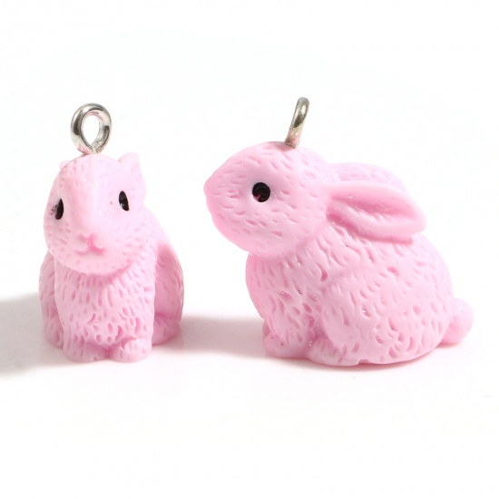 Picture of Resin Charms Rabbit Animal Silver Tone Pink 22mm x 21mm, 10 PCs