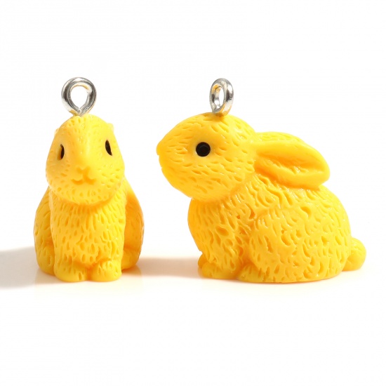 Picture of Resin Charms Rabbit Animal Silver Tone Yellow 22mm x 21mm, 10 PCs