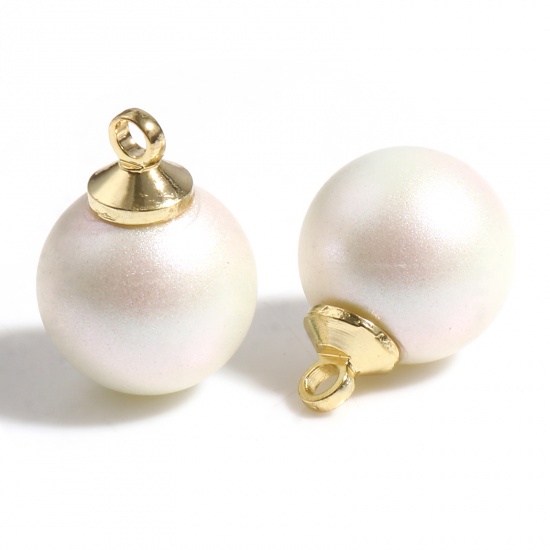 Picture of Zinc Based Alloy & Shell Imitation Pearl Charms Round Gold Plated Creamy-White Pearlized 14mm x 10mm, 2 PCs