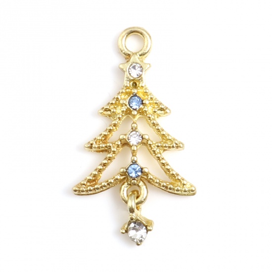Bild von Zinklegierung Charms Weihnachten Weihnachtsbaum Vergoldet Klar & Blau Strass 27mm x 15mm, 10 Stück