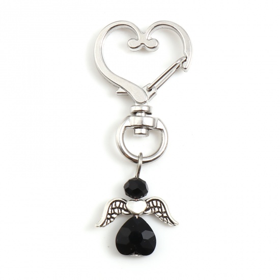 Picture of Acrylic Keychain & Keyring Antique Silver Color Black Angel Heart 5.6cm x 2.4cm, 5 PCs