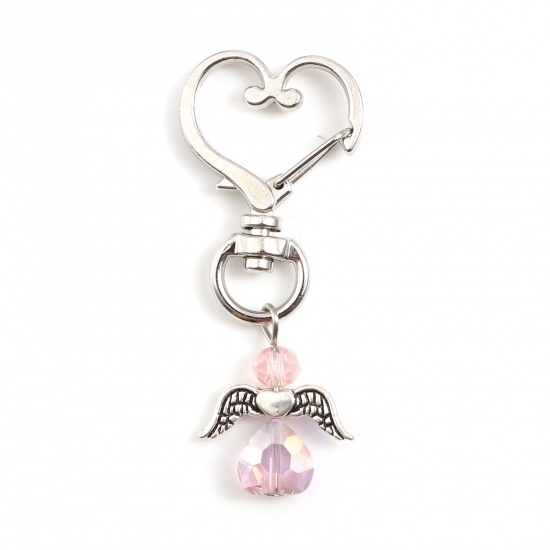 Picture of Acrylic Keychain & Keyring Antique Silver Color Light Pink Angel Heart 5.6cm x 2.4cm, 5 PCs