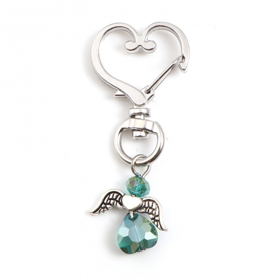 Picture of Acrylic Keychain & Keyring Antique Silver Color Green Blue Angel Heart 5.6cm x 2.4cm, 5 PCs