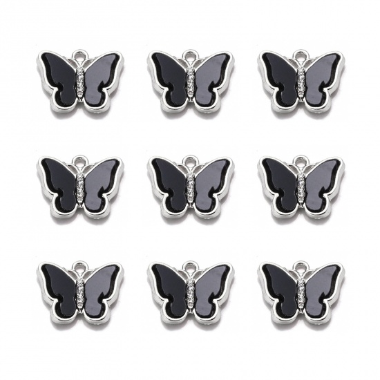 Picture of Zinc Based Alloy Insect Charms Butterfly Animal Silver Tone Black Clear Rhinestone 19mm x 15mm, 1 Packet ( 10 PCs/Packet)