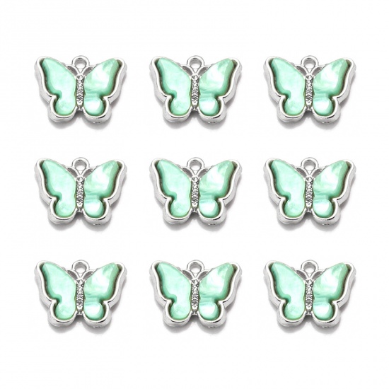 Picture of Zinc Based Alloy Insect Charms Butterfly Animal Silver Tone Light Green Clear Rhinestone 19mm x 15mm, 1 Packet ( 10 PCs/Packet)