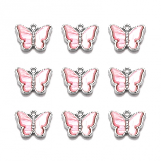 Picture of Zinc Based Alloy Insect Charms Butterfly Animal Silver Tone Pink Clear Rhinestone 19mm x 15mm, 1 Packet ( 10 PCs/Packet)
