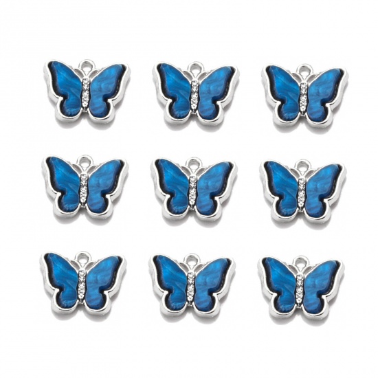 Picture of Zinc Based Alloy Insect Charms Butterfly Animal Silver Tone Blue Clear Rhinestone 19mm x 15mm, 1 Packet ( 10 PCs/Packet)