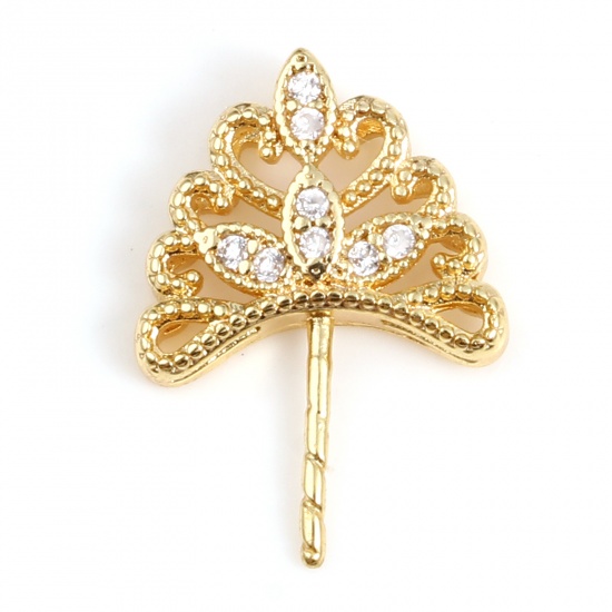 Picture of Copper Micro Pave Pearl Pendant Connector Bail Pin Cap Gold Plated Leaf Clear Rhinestone 15mm x 11mm, 2 PCs