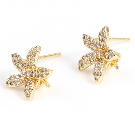 Picture of Copper Micro Pave Ear Post Stud Earrings Gold Plated Flower Clear Rhinestone 11mm x 10mm, Post/ Wire Size: (21 gauge) , 2 PCs