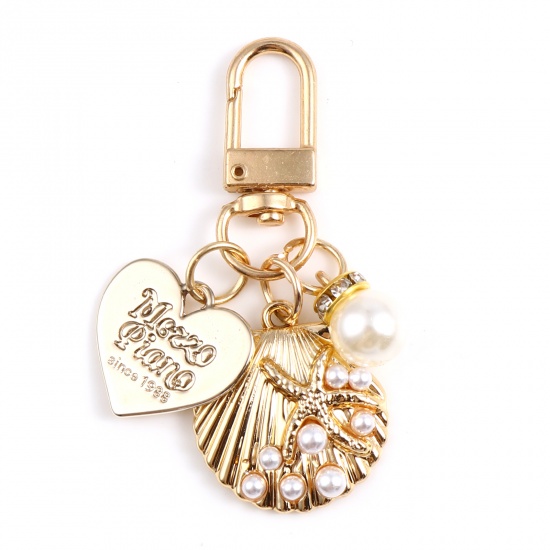 Picture of Zinc Based Alloy & Acrylic Ocean Jewelry Keychain & Keyring Gold Plated White Heart Shell Clear Rhinestone Imitation Pearl 6cm, 1 Piece