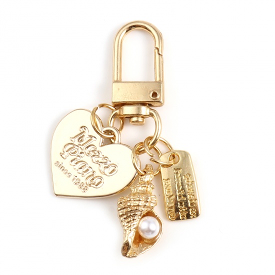 Bild von Zinklegierung & Acryl Ozean Schmuck Schlüsselkette & Schlüsselring Vergoldet Weiß Herz Strandschnecke Transparent Strass, Imitat Perle 6cm, 1 Stück