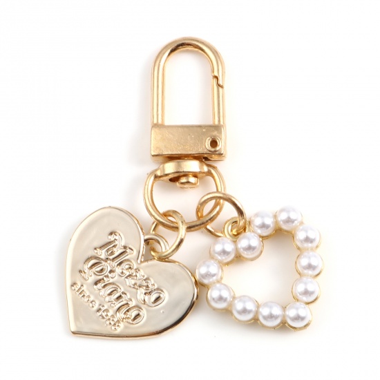 Picture of Zinc Based Alloy & Acrylic Keychain & Keyring Gold Plated White Heart Imitation Pearl 6cm, 1 Piece