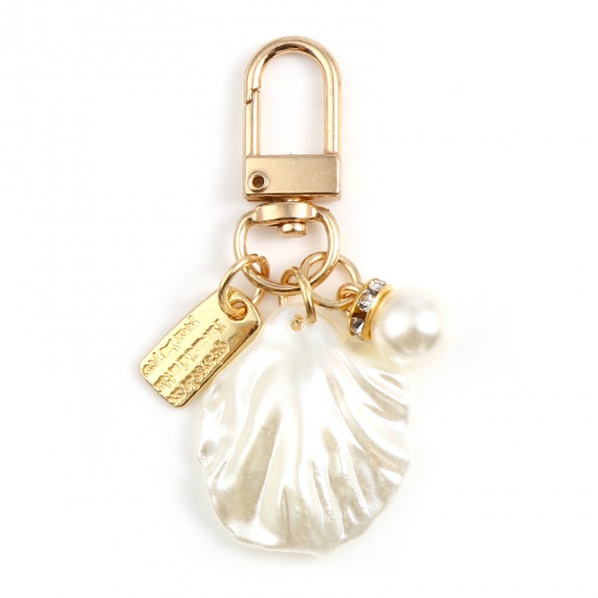 Bild von Zinklegierung & Acryl Schlüsselkette & Schlüsselring Vergoldet Weiß Muschel Transparent Strass, Imitat Perle 6cm, 1 Stück