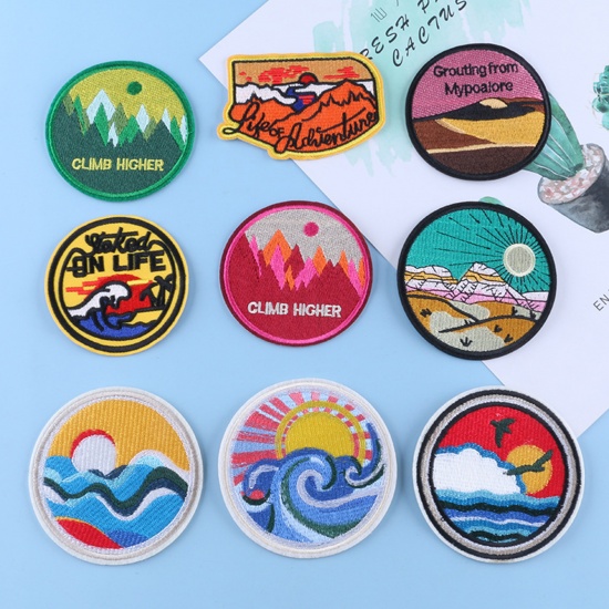 Picture of Polyester Iron On Patches Appliques (With Glue Back) Craft Multicolor Badge Natural Scenery 9.1cm - 6cm, 1 Set ( 9 PCs/Set)