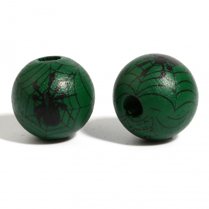 Picture of Wood Spacer Beads Round Dark Green Halloween Spider About 16mm Dia., Hole: Approx 4.5mm - 3.6mm, 20 PCs