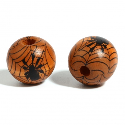 Picture of Wood Spacer Beads Round Brown & Black Halloween Spider About 16mm Dia., Hole: Approx 4.5mm - 3.6mm, 20 PCs
