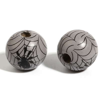 ウッド ビーズ 円形 黒+グレー ハロウィーン蜘蛛柄 約 16mm直径、 穴：約 4.5mm - 3.6mm、 20 個 の画像