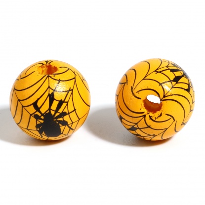 ウッド ビーズ 円形 オレンジ色 ハロウィーン蜘蛛柄 約 16mm直径、 穴：約 4.5mm - 3.6mm、 20 個 の画像