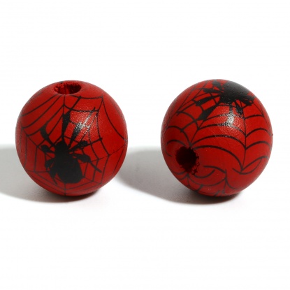 ウッド ビーズ 円形 深紅色 ハロウィーン蜘蛛柄 約 16mm直径、 穴：約 4.5mm - 3.6mm、 20 個 の画像