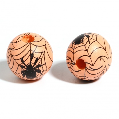 Picture of Wood Spacer Beads Round Orange Pink Halloween Spider About 16mm Dia., Hole: Approx 4.5mm - 3.6mm, 20 PCs