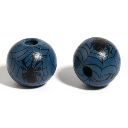 ウッド ビーズ 円形 ダークターコイズ色 ハロウィーン蜘蛛柄 約 16mm直径、 穴：約 4.5mm - 3.6mm、 20 個 の画像
