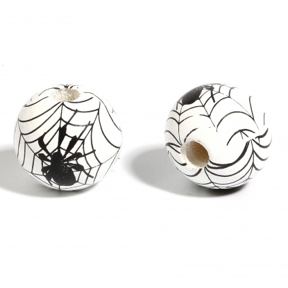 ウッド ビーズ 円形 黒 + 白 ハロウィーン蜘蛛柄 約 16mm直径、 穴：約 4.5mm - 3.6mm、 20 個 の画像