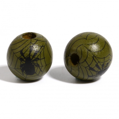ウッド ビーズ 円形 陸軍グリーン ハロウィーン蜘蛛柄 約 16mm直径、 穴：約 4.5mm - 3.6mm、 20 個 の画像