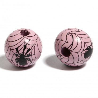 Picture of Wood Spacer Beads Round Black & Purple Halloween Spider About 16mm Dia., Hole: Approx 4.5mm - 3.6mm, 20 PCs