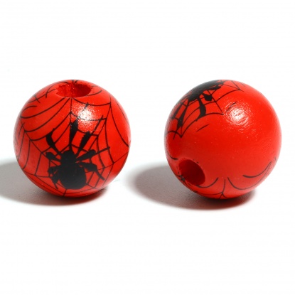 ウッド ビーズ 円形 黒+赤 ハロウィーン蜘蛛柄 約 16mm直径、 穴：約 4.5mm - 3.6mm、 20 個 の画像