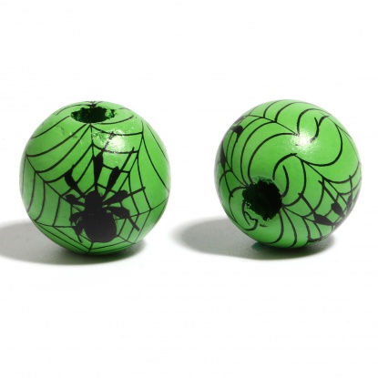 Picture of Wood Spacer Beads Round Black & Green Halloween Spider About 16mm Dia., Hole: Approx 4.5mm - 3.6mm, 20 PCs
