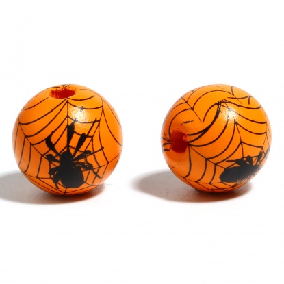 ウッド ビーズ 円形 黒+オレンジ色 ハロウィーン蜘蛛柄 約 16mm直径、 穴：約 4.5mm - 3.6mm、 20 個 の画像