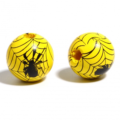 ウッド ビーズ 円形 黒 & イエロー ハロウィーン蜘蛛柄 約 16mm直径、 穴：約 4.5mm - 3.6mm、 20 個 の画像
